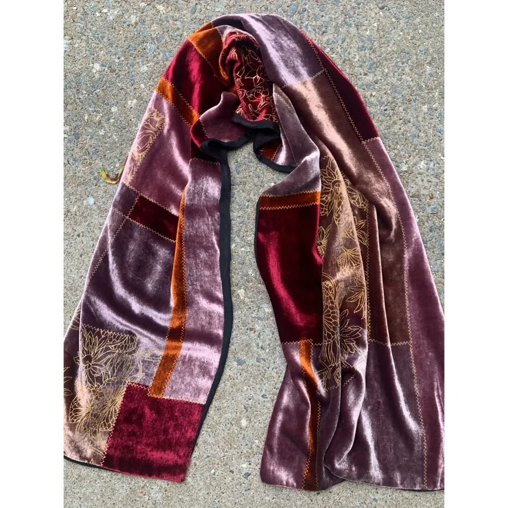Velvet Patchwork Scarf in Burgundy, Blush & Rust